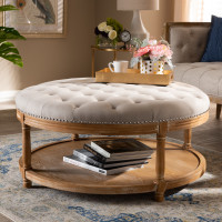 Baxton Studio TSF7731-Beige/Natural Oak-Otto Ambroise French Provincial Beige Linen Fabric Upholstered and White-Washed Oak Wood Button-Tufted Cocktail Ottoman with Shelf